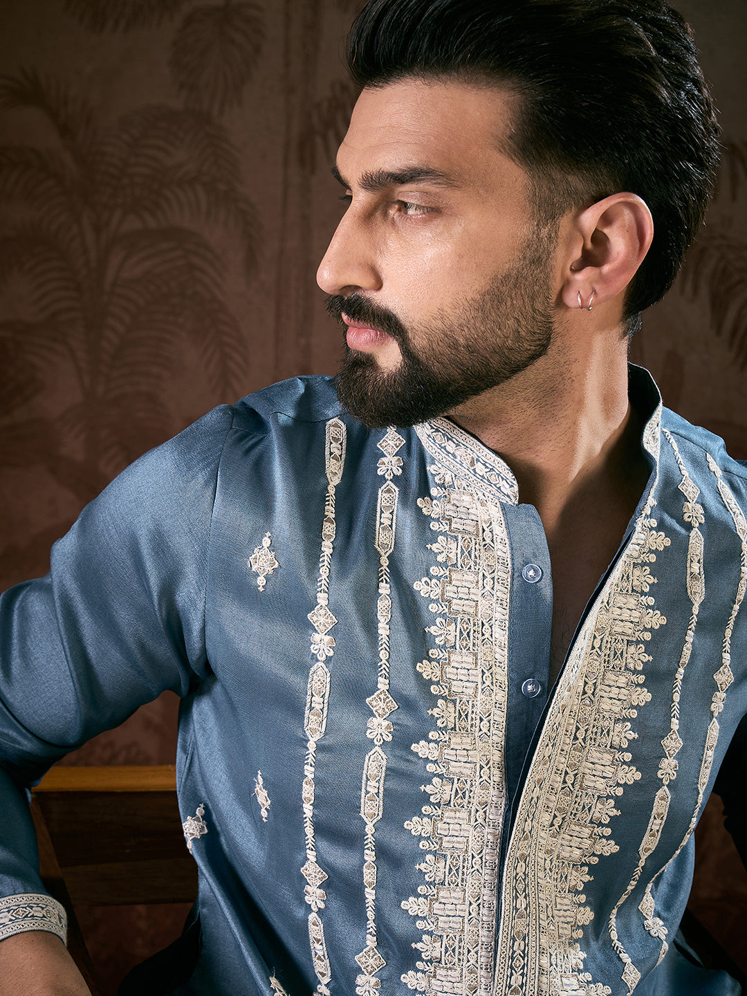 Ethnic Bay Men Blue Silk Blend Solid Embroidered Straight Kurta With Trouser-MKSET1881