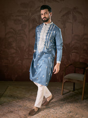 Ethnic Bay Men Blue Silk Blend Solid Embroidered Straight Kurta With Trouser-MKSET1881