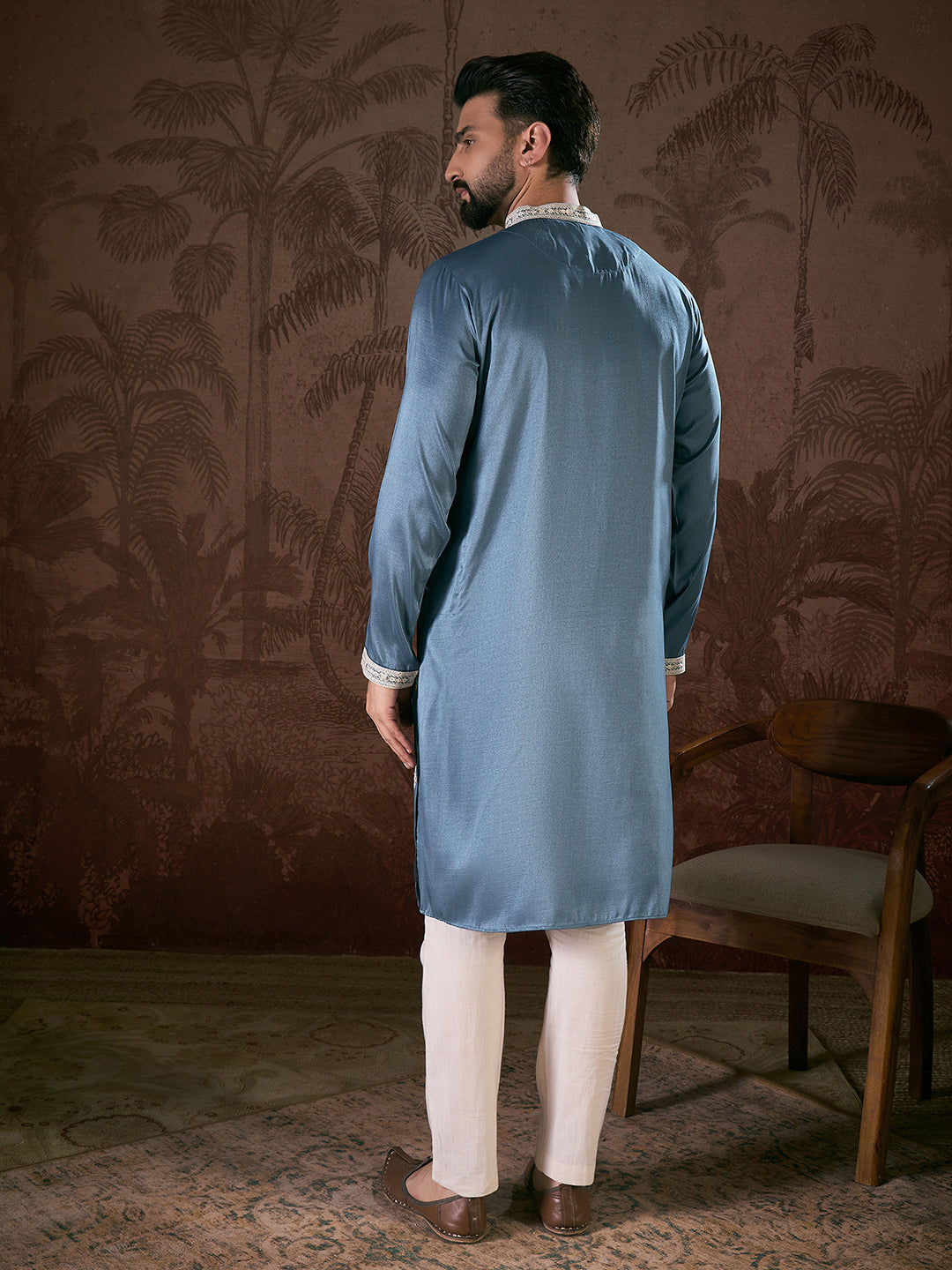 Ethnic Bay Men Blue Silk Blend Solid Embroidered Straight Kurta With Trouser