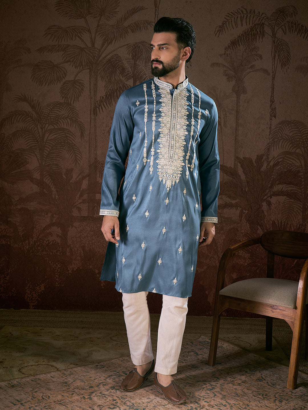Ethnic Bay Men Blue Silk Blend Solid Embroidered Straight Kurta With Trouser