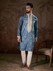 Ethnic Bay Men Blue Silk Blend Solid Embroidered Straight Kurta With Trouser-MKSET1881