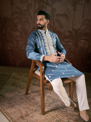 Ethnic Bay Men Blue Silk Blend Solid Embroidered Straight Kurta With Trouser-MKSET1881