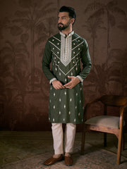 Ethnic Bay Men Green Silk Blend Solid Embroidered Straight Kurta With Trouser-MKSET1882