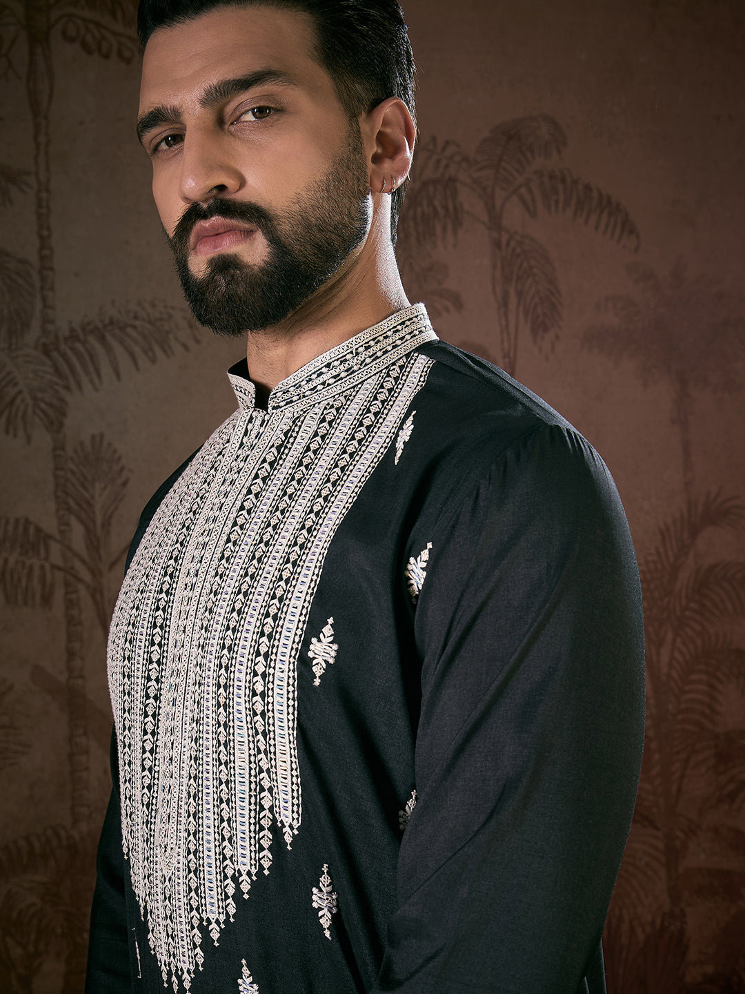 Ethnic Bay Men Black Silk Blend Solid Embroidered Straight Kurta With Trouser-MKSET1883