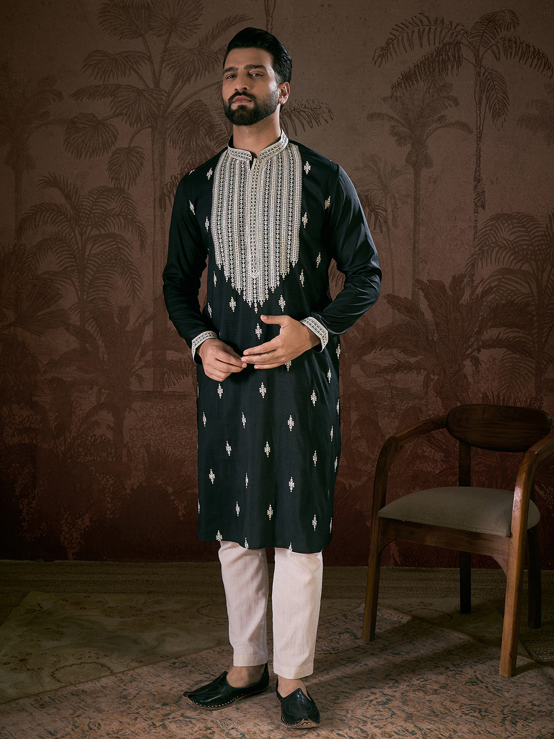 Ethnic Bay Men Black Silk Blend Solid Embroidered Straight Kurta With Trouser