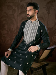 Ethnic Bay Men Black Silk Blend Solid Embroidered Straight Kurta With Trouser-MKSET1883
