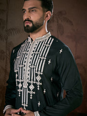Ethnic Bay Men Black Silk Blend Solid Embroidered Straight Kurta With Trouser-MKSET1885
