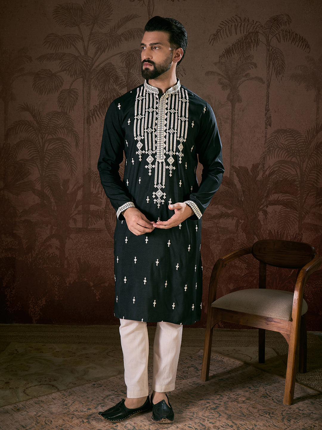 Ethnic Bay Men Black Silk Blend Solid Embroidered Straight Kurta With Trouser