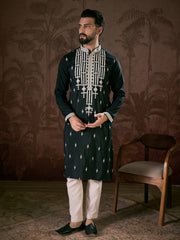 Ethnic Bay Men Black Silk Blend Solid Embroidered Straight Kurta With Trouser-MKSET1885