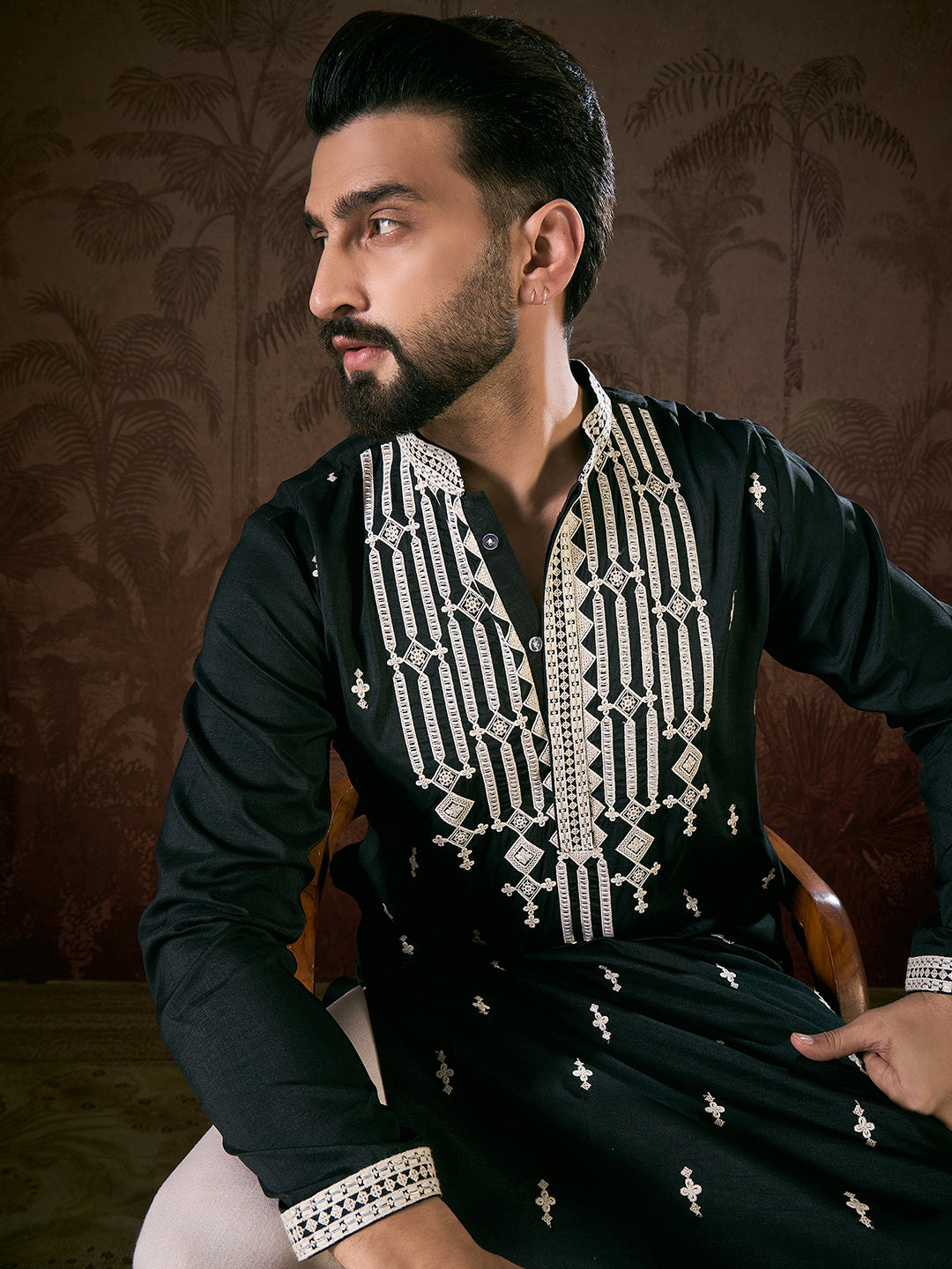 Ethnic Bay Men Black Silk Blend Solid Embroidered Straight Kurta With Trouser