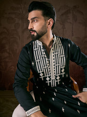 Ethnic Bay Men Black Silk Blend Solid Embroidered Straight Kurta With Trouser-MKSET1885