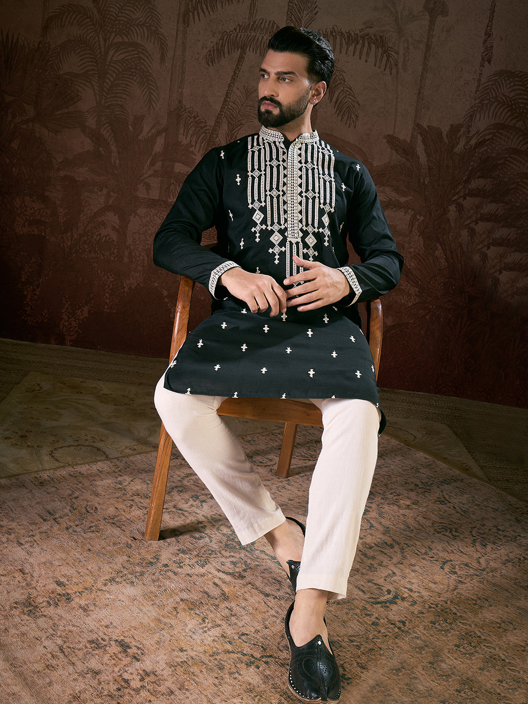 Ethnic Bay Men Black Silk Blend Solid Embroidered Straight Kurta With Trouser