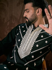 Ethnic Bay Men Black Silk Blend Solid Embroidered Straight Kurta With Trouser-MKSET1886