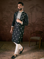 Ethnic Bay Men Black Silk Blend Solid Embroidered Straight Kurta With Trouser-MKSET1886
