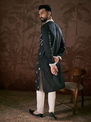 Ethnic Bay Men Black Silk Blend Solid Embroidered Straight Kurta With Trouser-MKSET1886