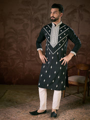 Ethnic Bay Men Black Silk Blend Solid Embroidered Straight Kurta With Trouser-MKSET1886
