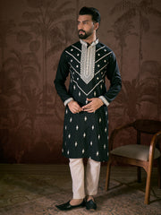Ethnic Bay Men Black Silk Blend Solid Embroidered Straight Kurta With Trouser-MKSET1886