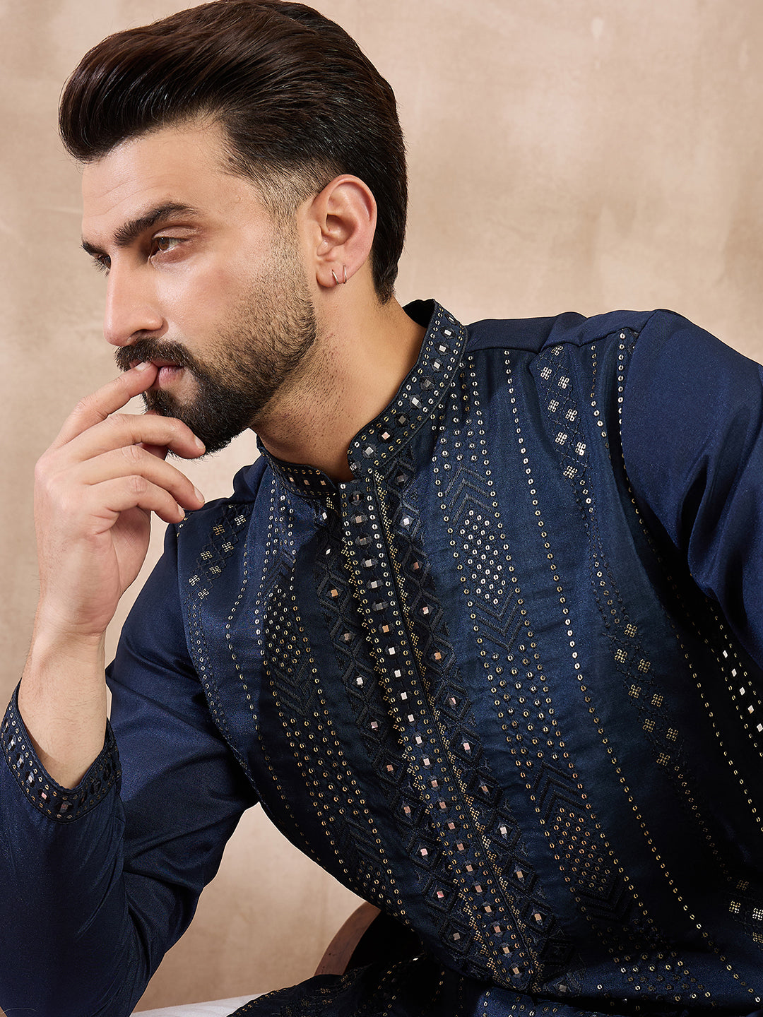 Ethnic Bay Men Blue Silk Blend Geometric Embroidered Straight Kurta With Trouser-MKSET1890