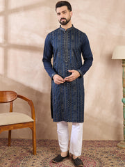 Ethnic Bay Men Blue Silk Blend Geometric Embroidered Straight Kurta With Trouser-MKSET1890