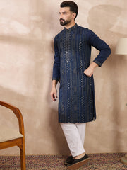 Ethnic Bay Men Blue Silk Blend Geometric Embroidered Straight Kurta With Trouser-MKSET1890