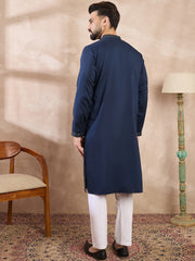 Ethnic Bay Men Blue Silk Blend Geometric Embroidered Straight Kurta With Trouser-MKSET1890