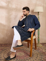 Ethnic Bay Men Blue Silk Blend Geometric Embroidered Straight Kurta With Trouser-MKSET1890