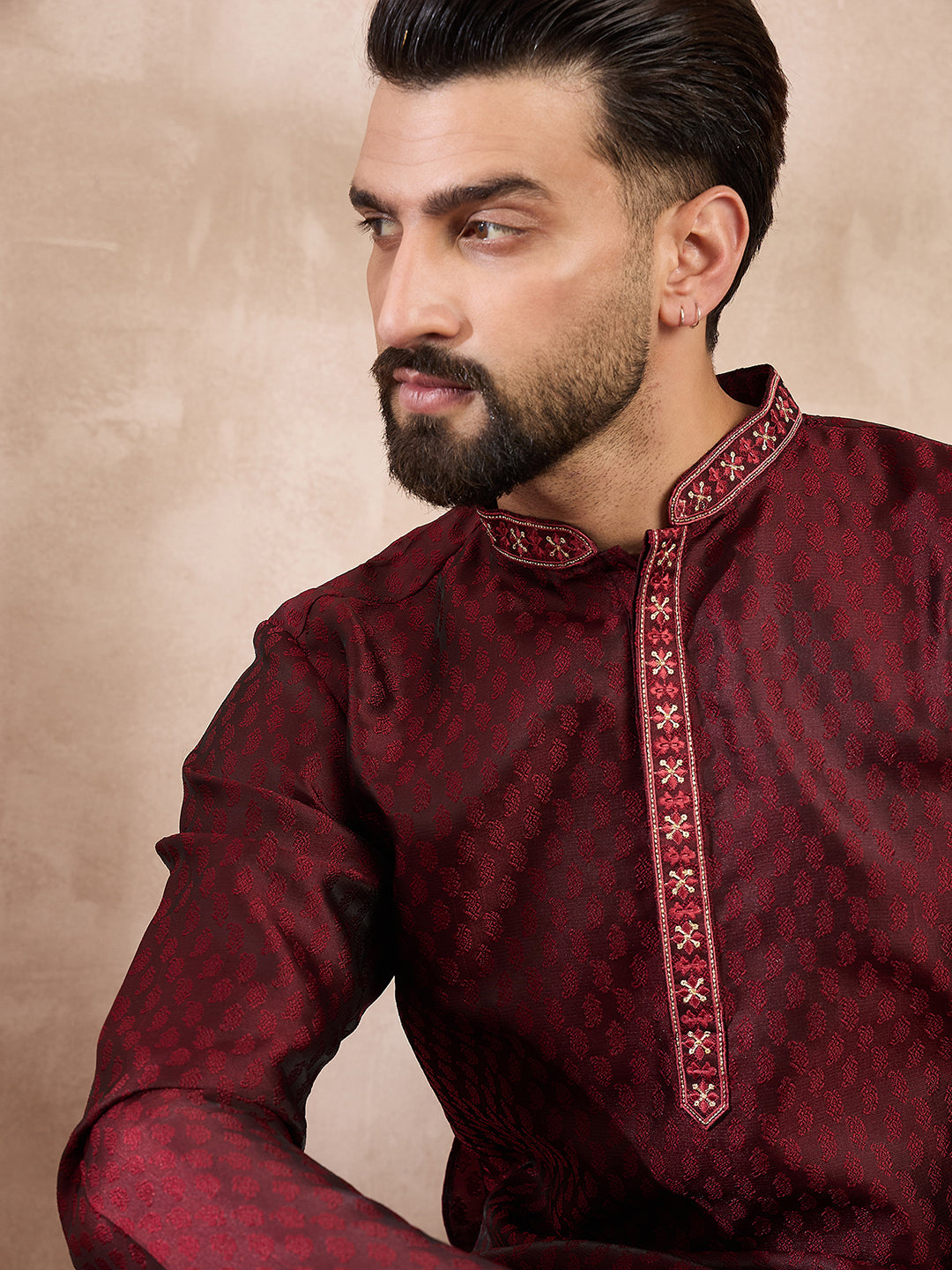 Ethnic Bay Men Maroon Silk Blend Solid Woven Design Straight Kurta With Trouser