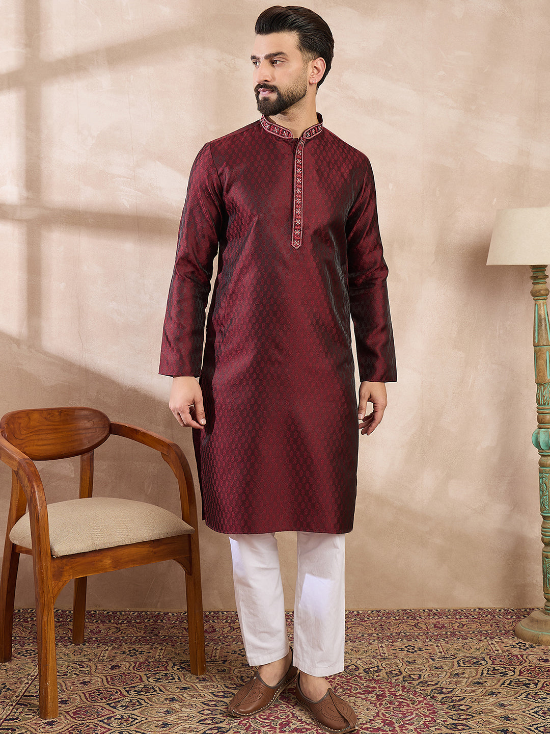 Ethnic Bay Men Maroon Silk Blend Solid Woven Design Straight Kurta With Trouser