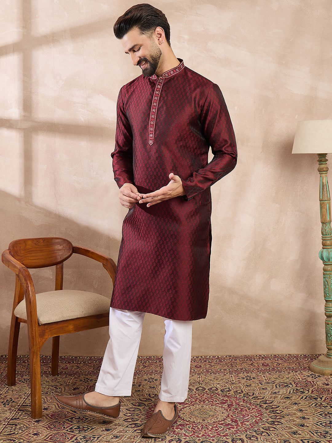Ethnic Bay Men Maroon Silk Blend Solid Woven Design Straight Kurta With Trouser
