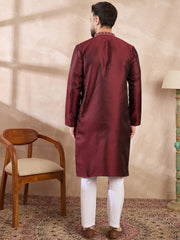 Ethnic Bay Men Maroon Silk Blend Solid Woven Design Straight Kurta With Trouser-MKSET1896