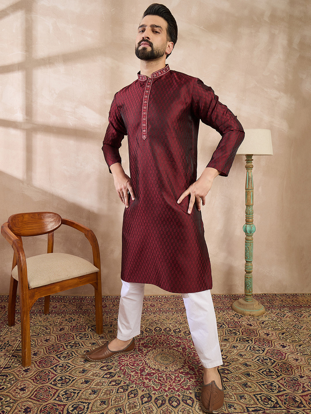 Ethnic Bay Men Maroon Silk Blend Solid Woven Design Straight Kurta With Trouser