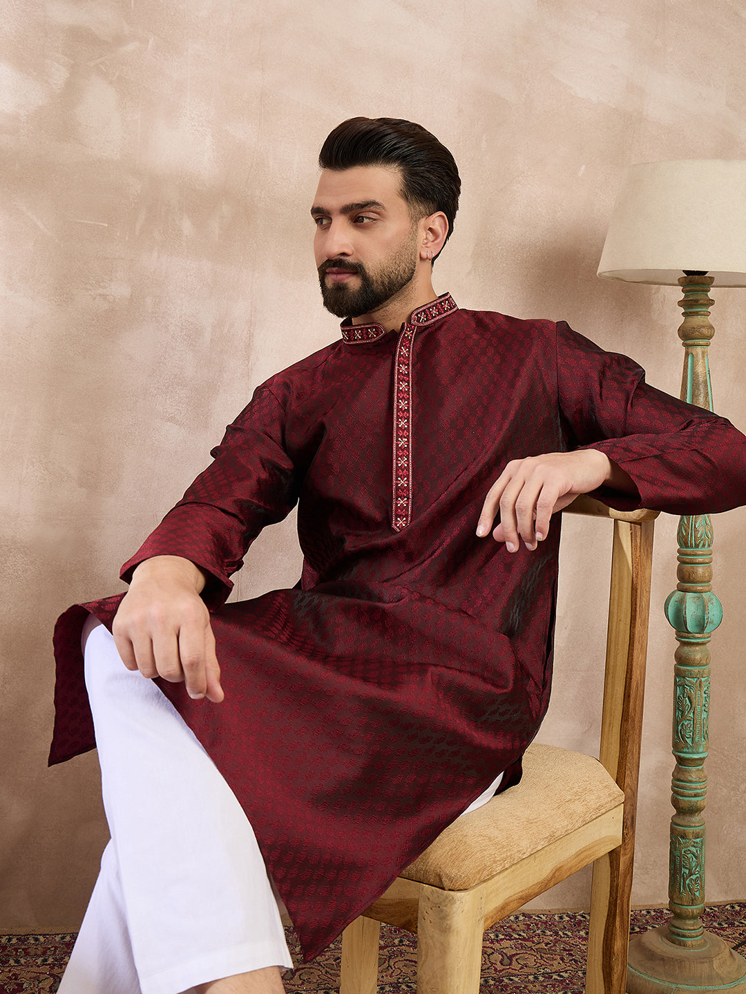 Ethnic Bay Men Maroon Silk Blend Solid Woven Design Straight Kurta With Trouser