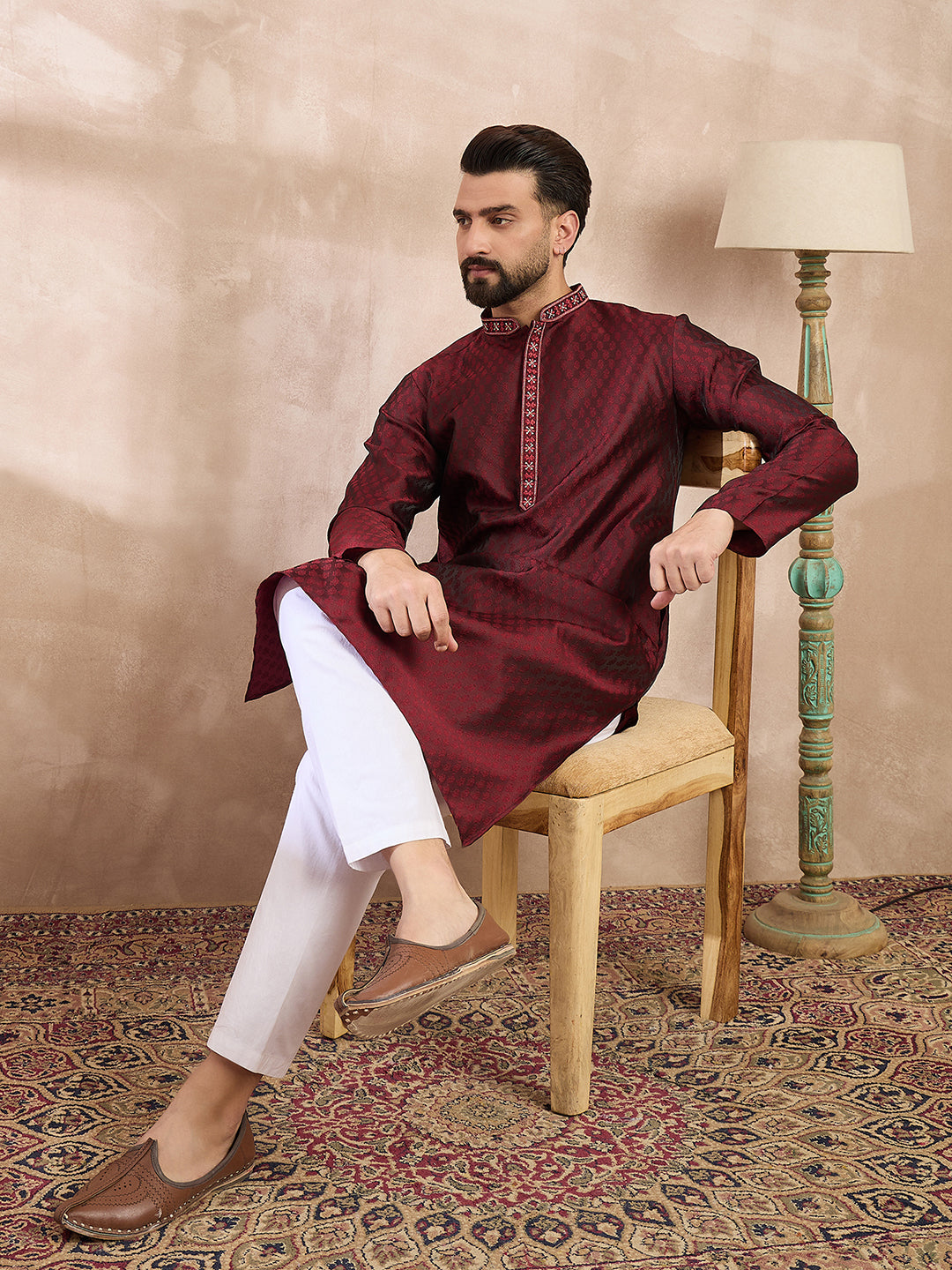 Ethnic Bay Men Maroon Silk Blend Solid Woven Design Straight Kurta With Trouser