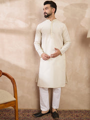 Ethnic Bay Men Off White Silk Blend Solid Woven Design Straight Kurta With Trouser-MKSET1897