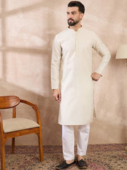 Ethnic Bay Men Off White Silk Blend Solid Woven Design Straight Kurta With Trouser-MKSET1897