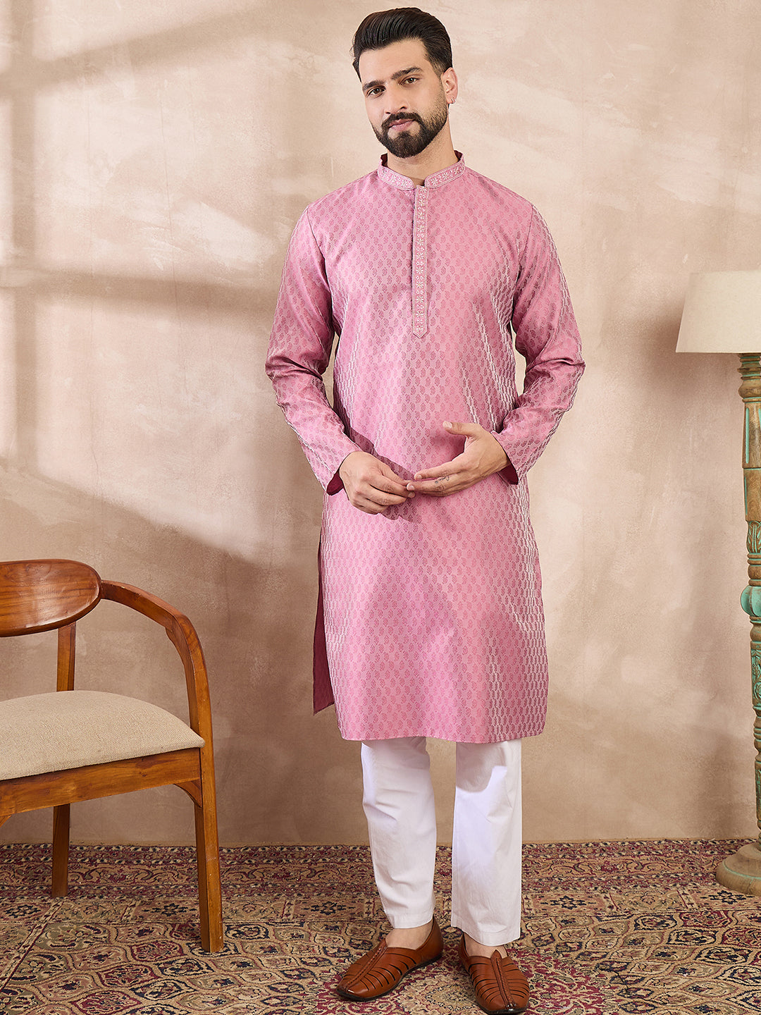 Ethnic Bay Men Pink Silk Blend Solid Woven Design Straight Kurta With Trouser