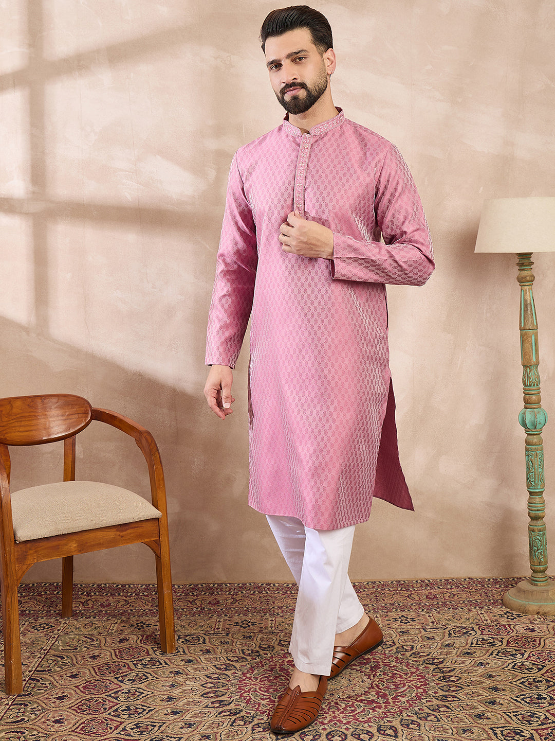Ethnic Bay Men Pink Silk Blend Solid Woven Design Straight Kurta With Trouser