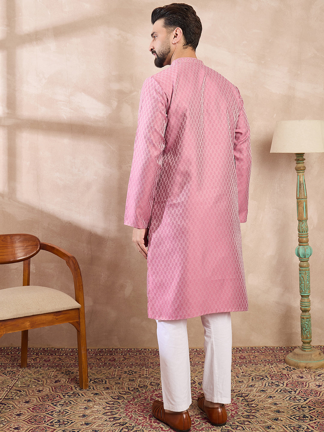 Ethnic Bay Men Pink Silk Blend Solid Woven Design Straight Kurta With Trouser