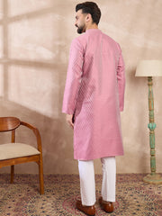 Ethnic Bay Men Pink Silk Blend Solid Woven Design Straight Kurta With Trouser-MKSET1898