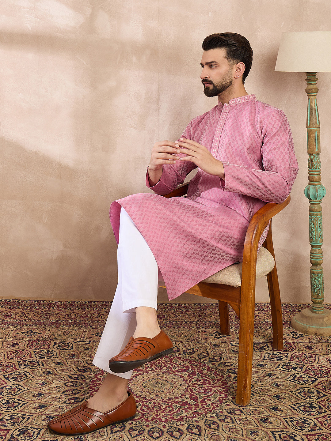 Ethnic Bay Men Pink Silk Blend Solid Woven Design Straight Kurta With Trouser