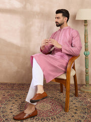 Ethnic Bay Men Pink Silk Blend Solid Woven Design Straight Kurta With Trouser-MKSET1898