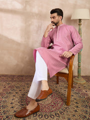 Ethnic Bay Men Pink Silk Blend Solid Woven Design Straight Kurta With Trouser-MKSET1898