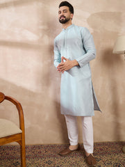 Ethnic Bay Men Blue Silk Blend Solid Woven Design Straight Kurta With Trouser-MKSET1899