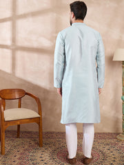 Ethnic Bay Men Blue Silk Blend Solid Woven Design Straight Kurta With Trouser-MKSET1899