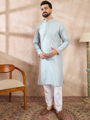 Ethnic Bay Men Blue Silk Blend Solid Woven Design Straight Kurta With Trouser-MKSET1899