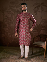 Ethnic Bay Men Maroon Silk Blend Chevron Printed Straight Kurta With Trouser-MKSET1904