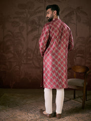Ethnic Bay Men Maroon Silk Blend Chevron Printed Straight Kurta With Trouser-MKSET1904