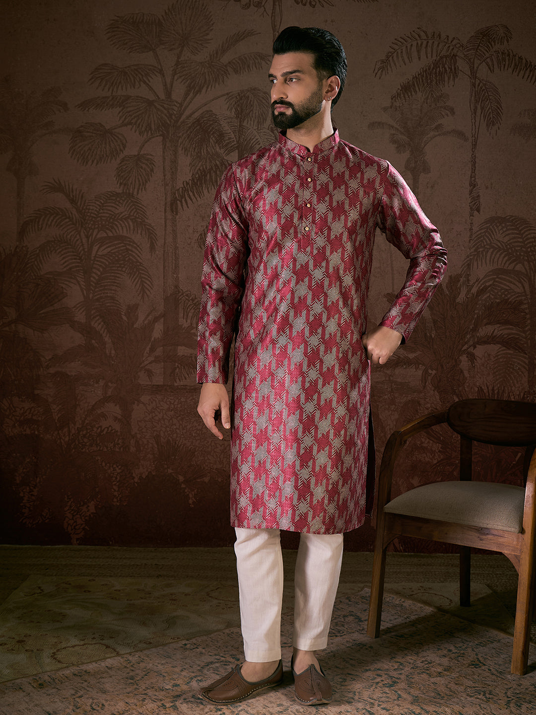 Ethnic Bay Men Maroon Silk Blend Chevron Printed Straight Kurta With Trouser
