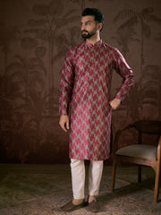 Ethnic Bay Men Maroon Silk Blend Chevron Printed Straight Kurta With Trouser-MKSET1904