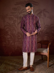 Ethnic Bay Men Purple Silk Blend Striped Printed Straight Kurta With Trouser-MKSET1905